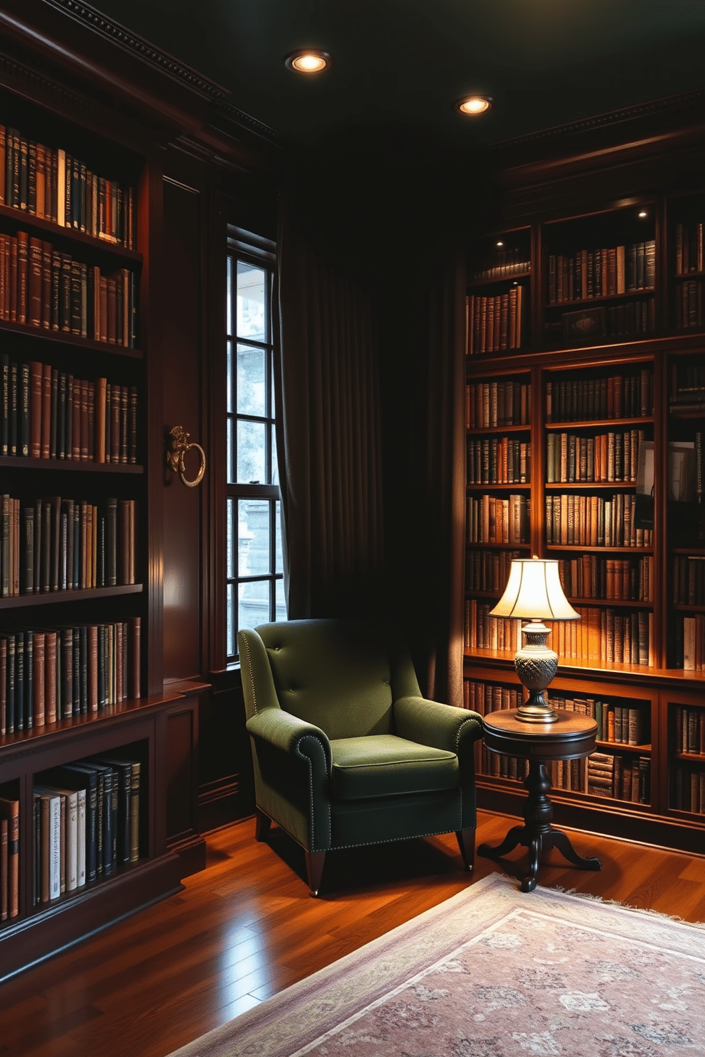 A cozy dark home library with rich mahogany bookshelves lining the walls, filled with an extensive collection of books. A plush, deep green velvet armchair sits in the corner, accompanied by a small side table holding a vintage lamp that casts a warm glow. The room features ambient lighting with adjustable dimmers, allowing for a customizable atmosphere perfect for reading or entertaining. A large window draped with heavy, dark curtains frames the space, while a soft area rug adds warmth to the hardwood floor.