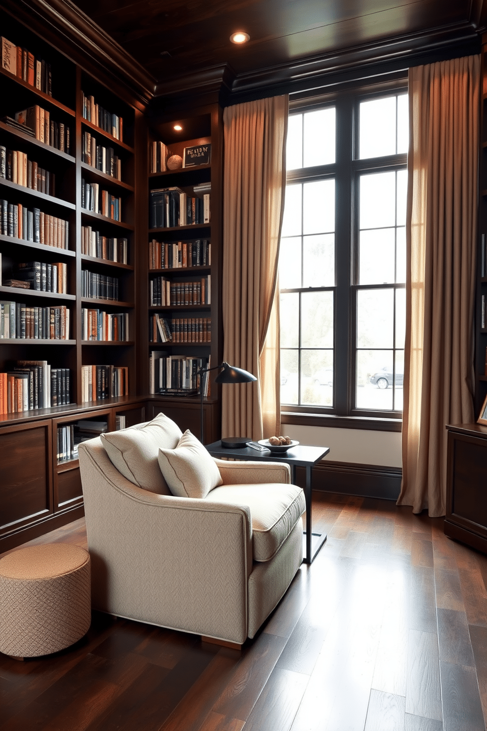 A cozy home library featuring dark stained oak flooring that adds warmth and richness to the space. The walls are lined with custom-built bookshelves filled with an array of books, accented by soft, ambient lighting that creates an inviting atmosphere. A plush, oversized armchair sits in the corner, paired with a sleek side table for convenience. A large window allows natural light to filter in, adorned with elegant drapes that complement the dark wood tones and enhance the overall sophistication of the room.