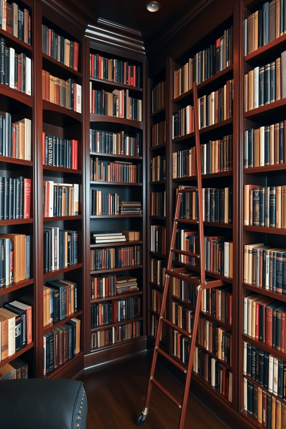 A dark home library features floor-to-ceiling bookshelves crafted from rich mahogany, showcasing an extensive collection of books. A sleek, rolling ladder glides along the shelves, providing easy access to the highest volumes while adding a touch of elegance to the space.