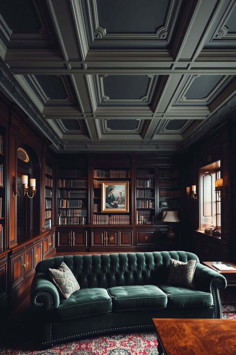 A dark home library featuring intricate moldings that add architectural interest to the space. Rich mahogany bookshelves line the walls, filled with an array of books, while a plush, deep green velvet sofa invites relaxation in the center of the room. The ceiling boasts elaborate crown moldings, painted in a contrasting light shade to highlight the craftsmanship. Soft, ambient lighting emanates from antique brass sconces, casting a warm glow over the dark wood furniture and creating an inviting atmosphere.