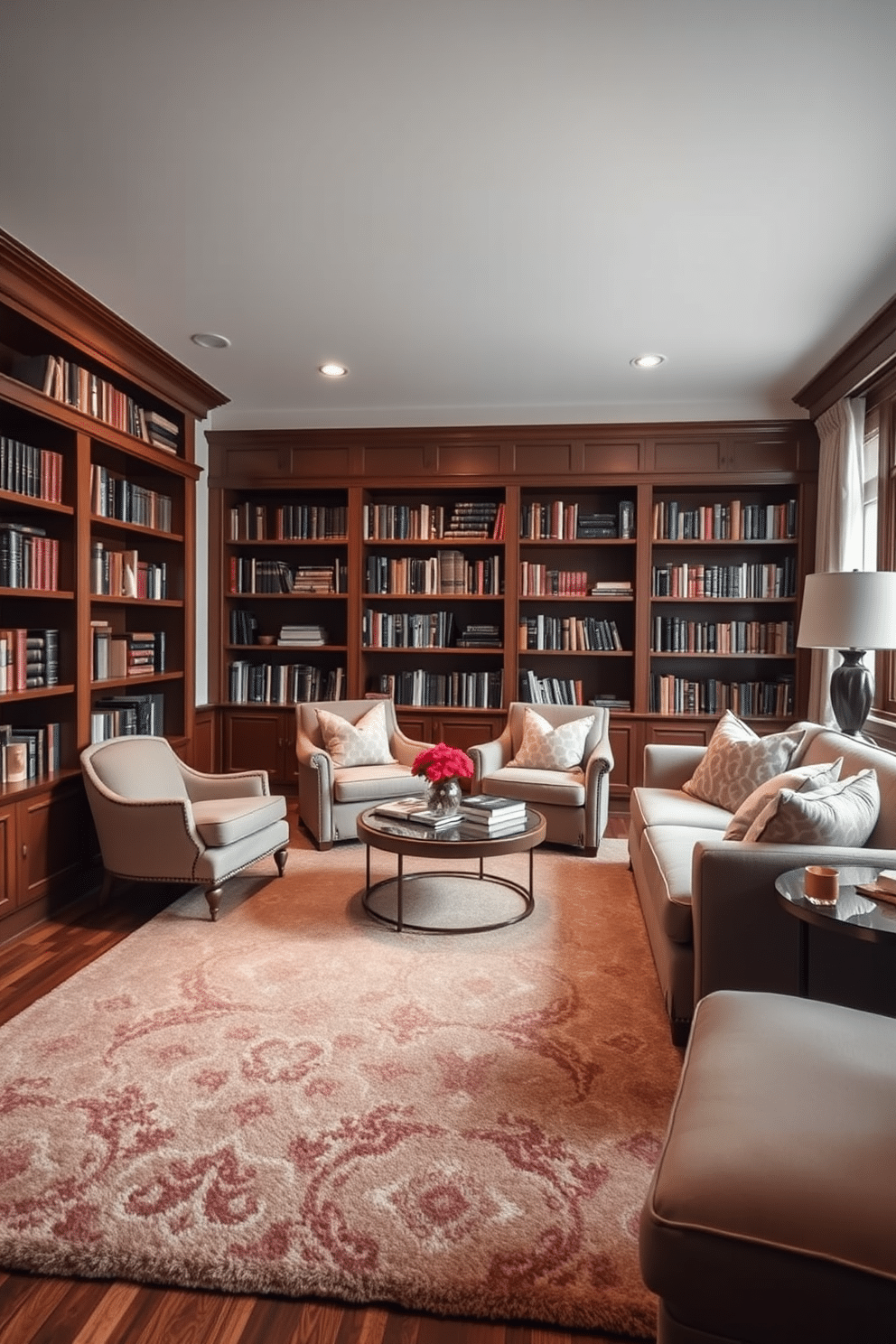 A cozy home library features a soft area rug in deep tones, providing warmth underfoot and enhancing the inviting atmosphere. Rich wooden shelves line the walls, filled with books, while plush seating invites you to relax and enjoy a good read.