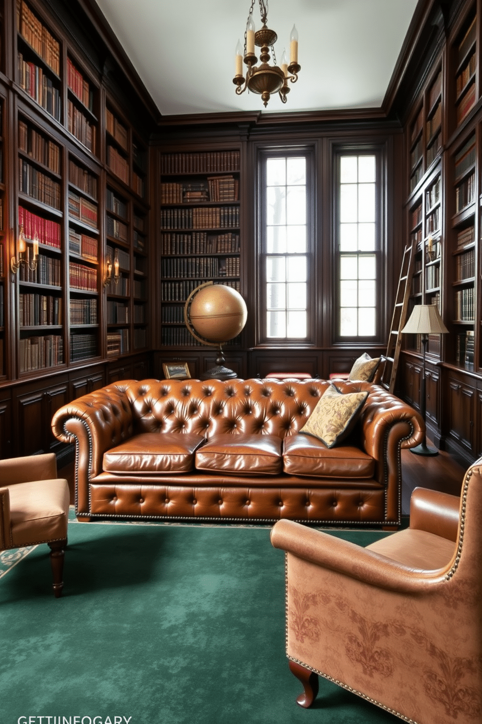 A vintage leather sofa sits elegantly in a classic home library, exuding warmth and sophistication. Surrounding the sofa are tall, dark wood bookshelves filled with leather-bound volumes, and a rich, dark green area rug anchors the space. The walls are adorned with deep mahogany paneling, complemented by soft, ambient lighting from antique brass sconces. A large, ornate globe and a wooden ladder add character, while a plush armchair invites relaxation in this timeless reading retreat.