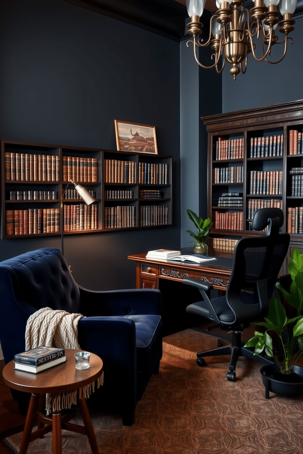 Cozy reading nook with dark accents. A plush armchair upholstered in deep navy velvet sits in the corner, accompanied by a small round wooden side table. The walls are painted in a rich charcoal gray, and a vintage floor lamp with a brass finish provides warm lighting. A soft, knitted throw blanket drapes over the armchair, while a stack of well-loved books rests on the table, inviting relaxation. Dark Study Room Design Ideas. The study features a large mahogany desk with intricate carvings, positioned against a wall lined with dark wood bookshelves filled with leather-bound volumes. A sleek black ergonomic chair complements the desk, and a statement chandelier with an antique finish hangs from the ceiling. Deep green accents in the form of potted plants add a touch of color, while a plush area rug in muted tones anchors the space.