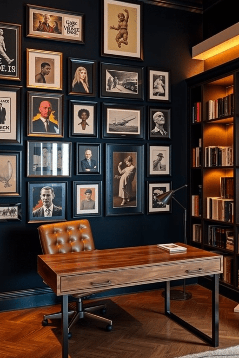 A gallery wall features an eclectic mix of dark-framed art pieces, showcasing various styles and colors that create a striking focal point. The wall is painted in a deep navy blue, enhancing the richness of the artwork and providing a sophisticated backdrop. The dark study room is designed with a sleek wooden desk and a plush leather chair, creating an inviting workspace. Shelves filled with books line the walls, and warm ambient lighting casts a cozy glow, making it an ideal environment for creativity and focus.