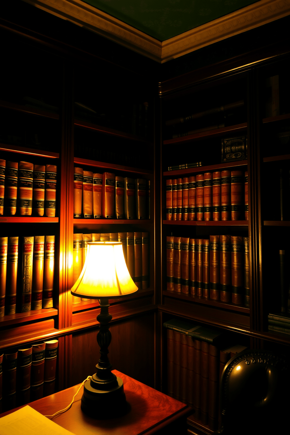 A vintage desk lamp casts a warm glow in the corner of a dark study room, enhancing the nostalgic ambiance. The room features deep mahogany bookshelves filled with leather-bound volumes, and a rich, dark green wallpaper adds depth to the space.