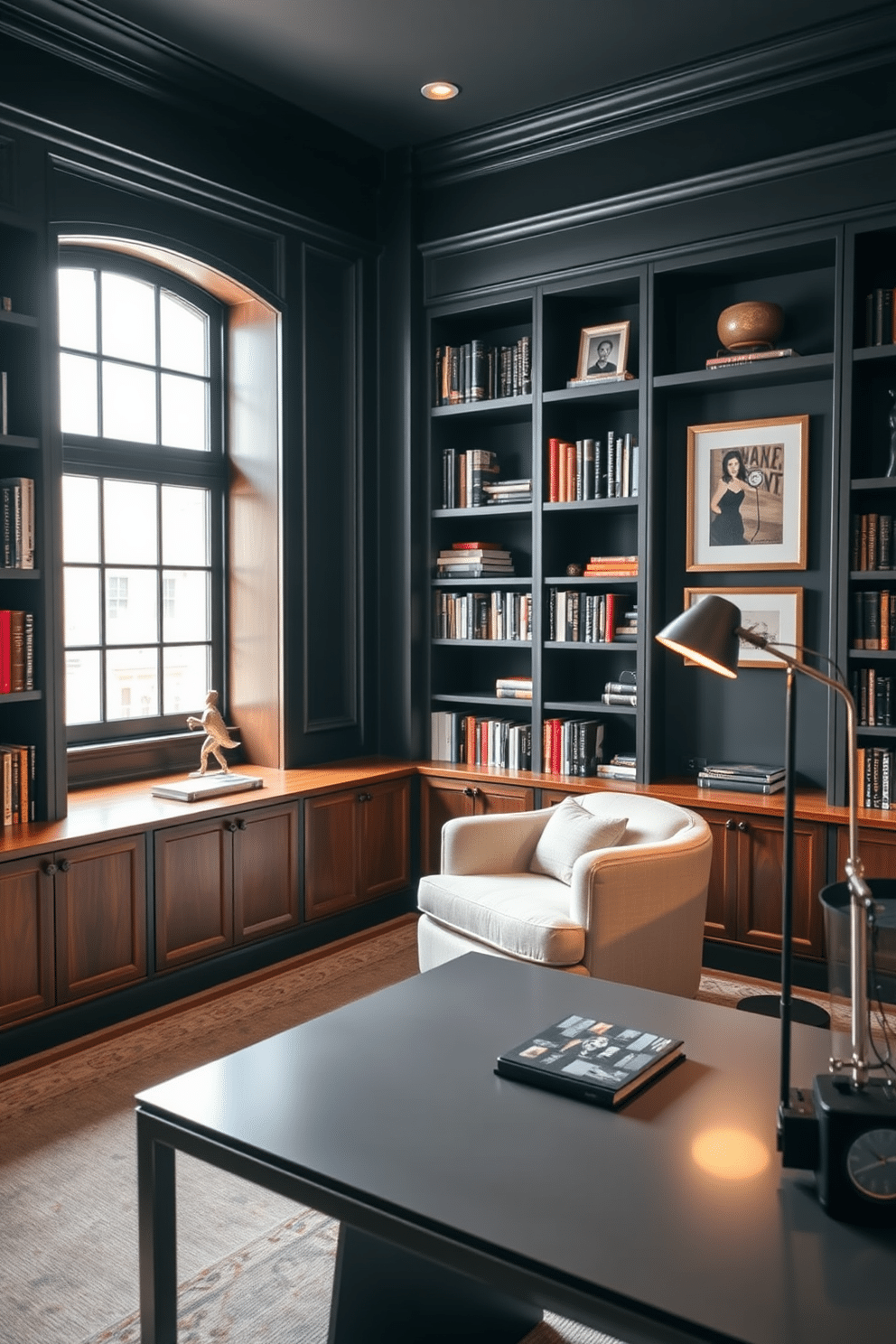 A dark study room features bookshelves painted in charcoal gray, creating a striking contrast against the warm wooden accents throughout the space. A large, plush armchair sits in the corner, accompanied by a sleek, modern desk that faces a window, allowing natural light to filter in. The walls are adorned with framed artwork, adding personality to the room while maintaining a cohesive color palette. Soft, ambient lighting from a stylish floor lamp creates a cozy atmosphere, perfect for reading or working.