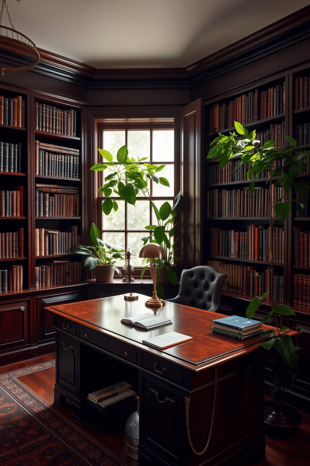 A dark study room features deep mahogany shelves filled with books, creating a cozy and intellectual atmosphere. A large, vintage wooden desk sits in the center, adorned with a sleek brass lamp and a few scattered notebooks. To add a pop of color, dark green plants are strategically placed on the windowsill and corners of the room. The rich foliage contrasts beautifully against the warm tones of the wood, creating a vibrant yet sophisticated environment.