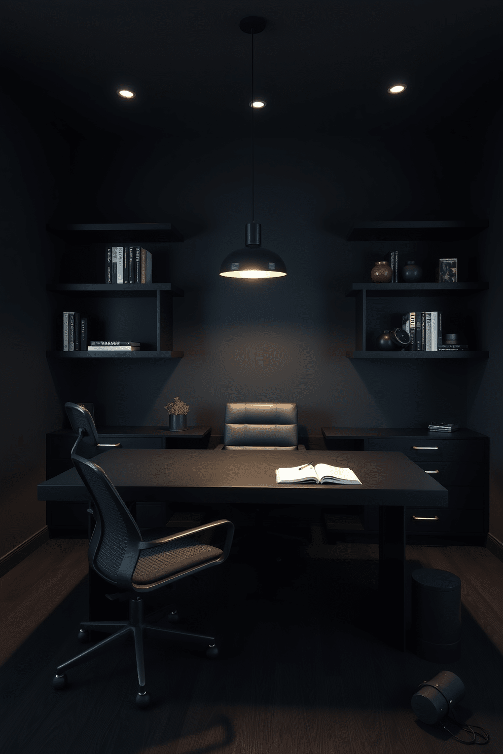 A minimalist study room featuring sleek black elements. The walls are painted in a deep charcoal, creating a cozy yet sophisticated atmosphere. A large black desk with clean lines takes center stage, complemented by a modern black ergonomic chair. Floating shelves in black hold a curated selection of books and decorative objects, while a single pendant light casts a warm glow over the workspace.