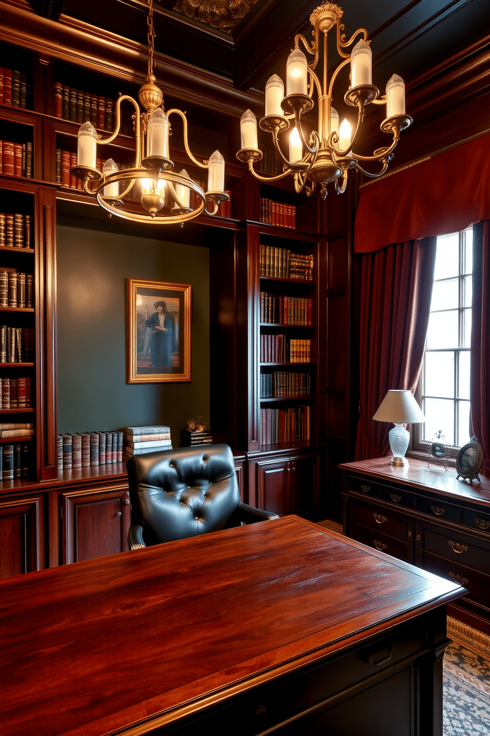 A dark study room featuring rich mahogany bookshelves that reach the ceiling, filled with leather-bound books and decorative artifacts. The room is illuminated by a vintage brass chandelier, casting a warm glow over a sleek, dark wood desk paired with a plush leather chair. Elegant brass hardware adorns the furniture, including drawer pulls and cabinet knobs that add a touch of sophistication. A deep green accent wall complements the dark wood tones, while a large window draped with heavy velvet curtains allows for soft, diffused light.