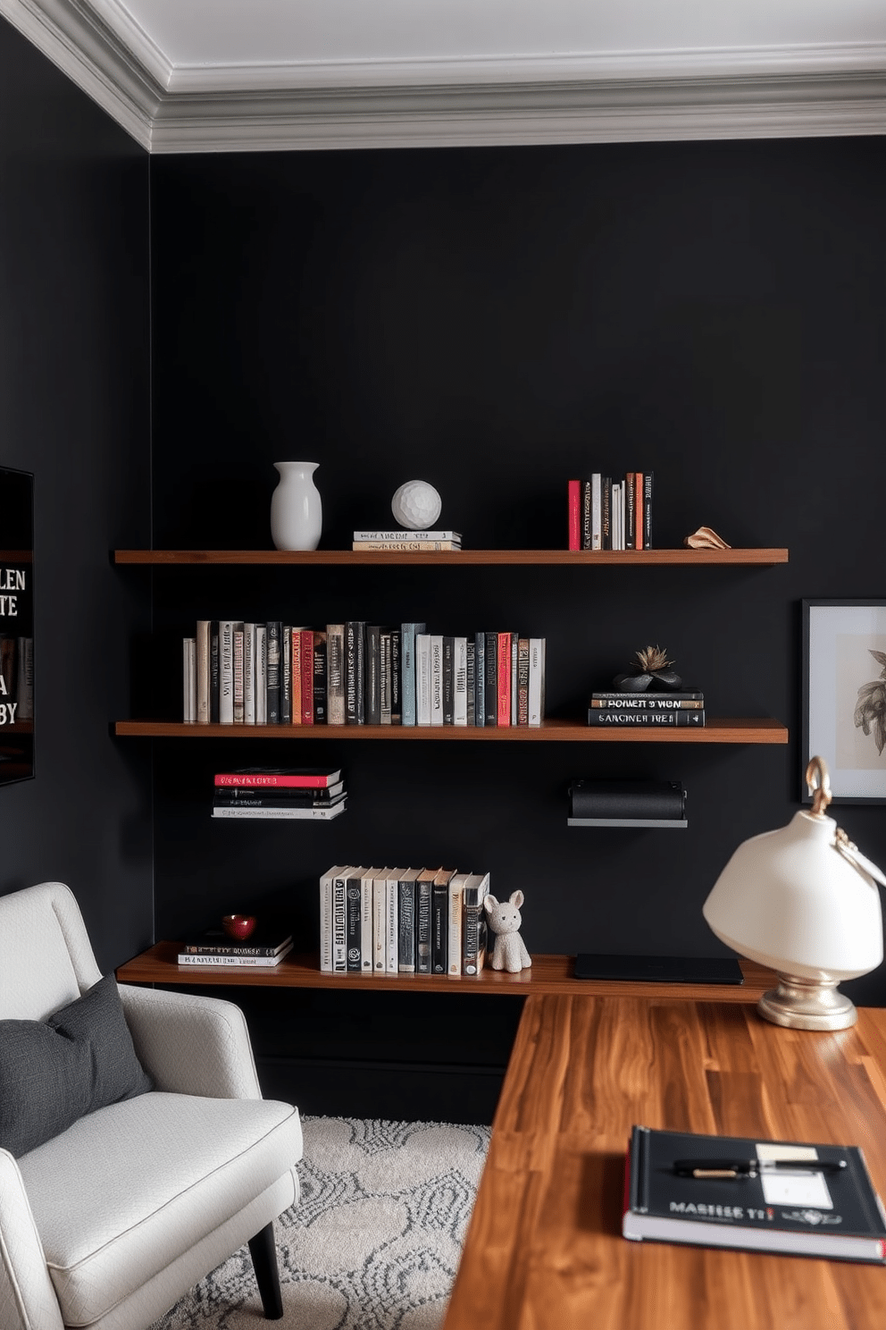 A dark study room design featuring floating shelves that save floor space. The walls are painted in a deep charcoal hue, creating a cozy and intimate atmosphere, while the shelves are crafted from rich walnut wood, displaying a curated selection of books and decorative items.