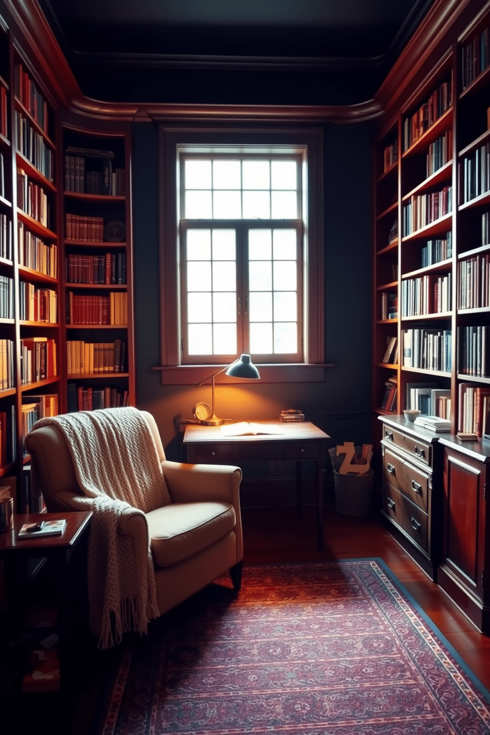 A cozy dark study room features rich mahogany bookshelves filled with an array of books, creating a warm and inviting atmosphere. A plush armchair is nestled in the corner, draped with a soft, knitted throw blanket that adds a touch of comfort and warmth. The walls are painted a deep navy blue, enhancing the room's intimate feel, while a vintage desk sits under a large window, allowing natural light to filter in. A stylish desk lamp casts a warm glow, illuminating the space, and a patterned area rug adds texture to the dark hardwood floor.