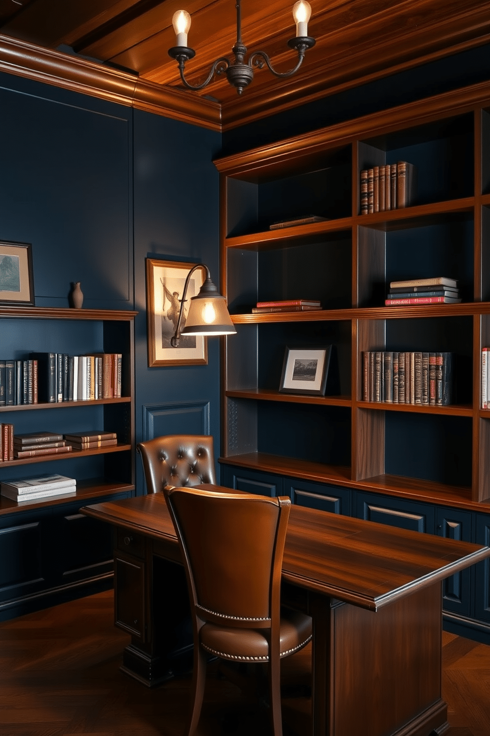 A dark study room featuring rich wood shelves that add a classic touch to the space. The walls are painted in a deep navy blue, creating a cozy and sophisticated atmosphere. A large wooden desk sits in the center, complemented by a vintage leather chair. Soft, warm lighting from an antique-style lamp illuminates the room, highlighting the rich textures of the wood.