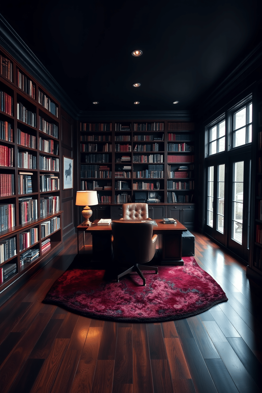 A dark study room featuring rich, dark-stained wood flooring that adds an air of sophistication. The walls are lined with floor-to-ceiling bookshelves filled with an array of books, creating an inviting and intellectual atmosphere. In the center, a large mahogany desk is positioned with a sleek leather chair, complemented by a stylish desk lamp that casts a warm glow. A plush area rug in deep hues anchors the space, while large windows allow natural light to filter in, enhancing the cozy yet elegant ambiance.