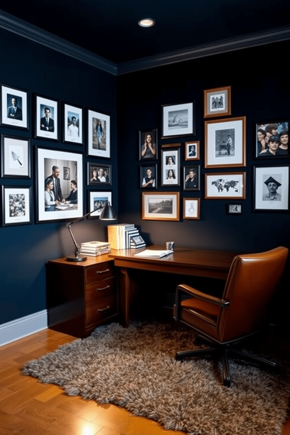 A dark study room adorned with personalized wall art that reflects the owner's character. The walls are painted in a deep navy blue, creating an intimate atmosphere, while a sleek wooden desk sits against one wall, complemented by a comfortable leather chair. On the opposite wall, a gallery of framed artwork and photographs showcases personal achievements and interests. Soft, ambient lighting from a stylish floor lamp casts a warm glow, enhancing the rich textures of a plush area rug beneath the desk.