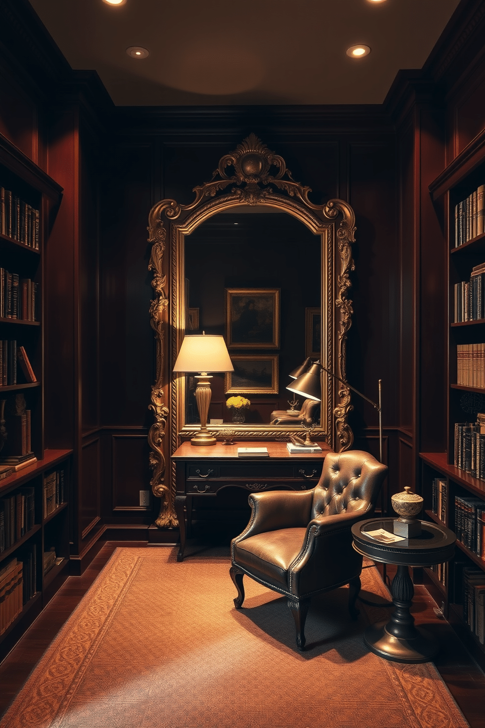 A dark study room with rich mahogany walls that absorb light, creating a cozy atmosphere. The focal point is a large, ornate mirror framed in antique gold, reflecting a vintage desk and a plush leather chair. Soft, ambient lighting from a stylish floor lamp casts a warm glow, highlighting the deep hues of the room. Bookshelves lined with classic novels and decorative objects flank the walls, adding character and depth to the space.