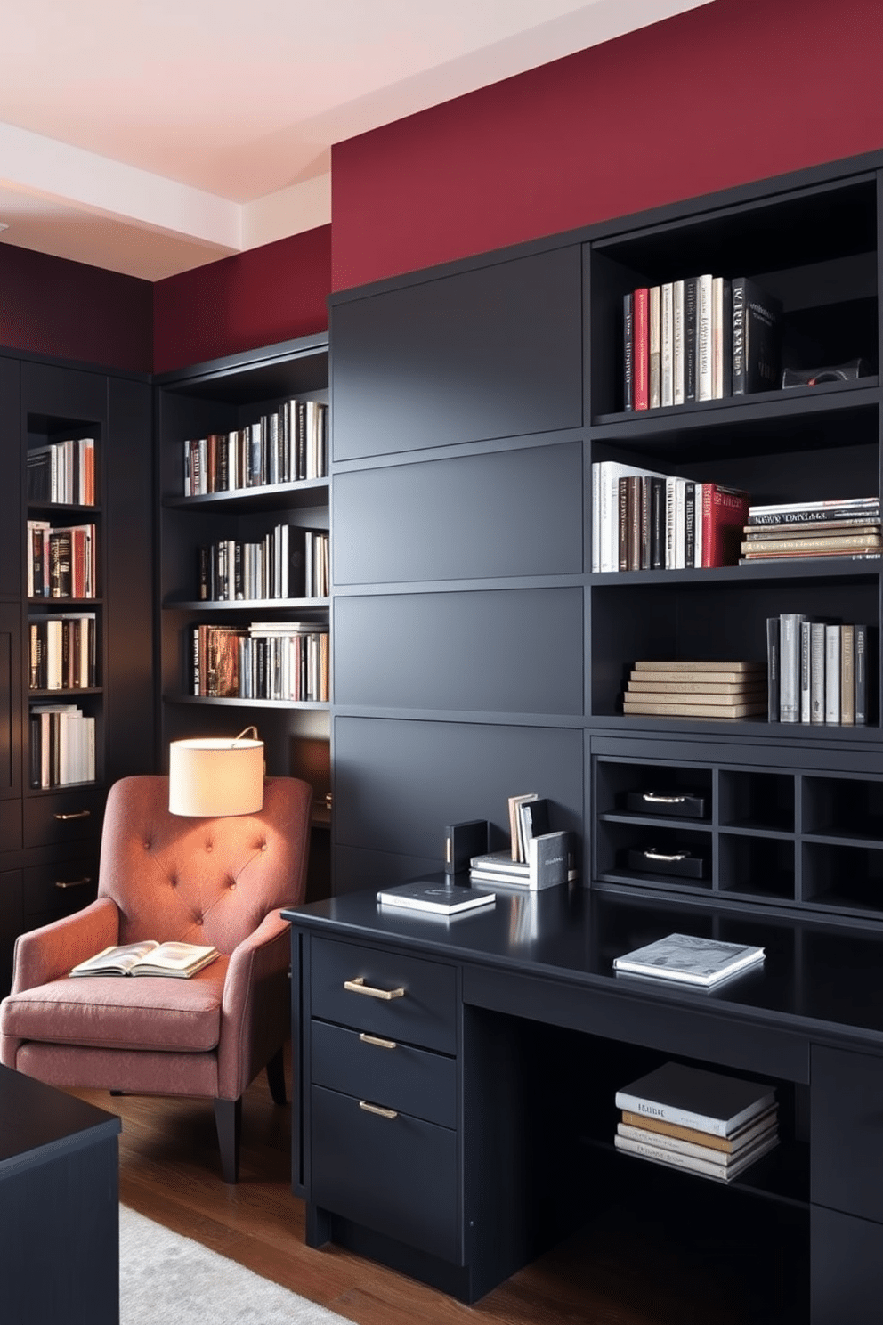 A modern study room featuring stylish storage solutions in dark finishes. The room includes a sleek, dark wood bookshelf filled with books, and a matching desk with organized compartments for office supplies. Rich, deep colors adorn the walls, creating a cozy yet sophisticated atmosphere. A plush armchair sits in the corner, accompanied by a small side table for reading materials and a warm lamp.