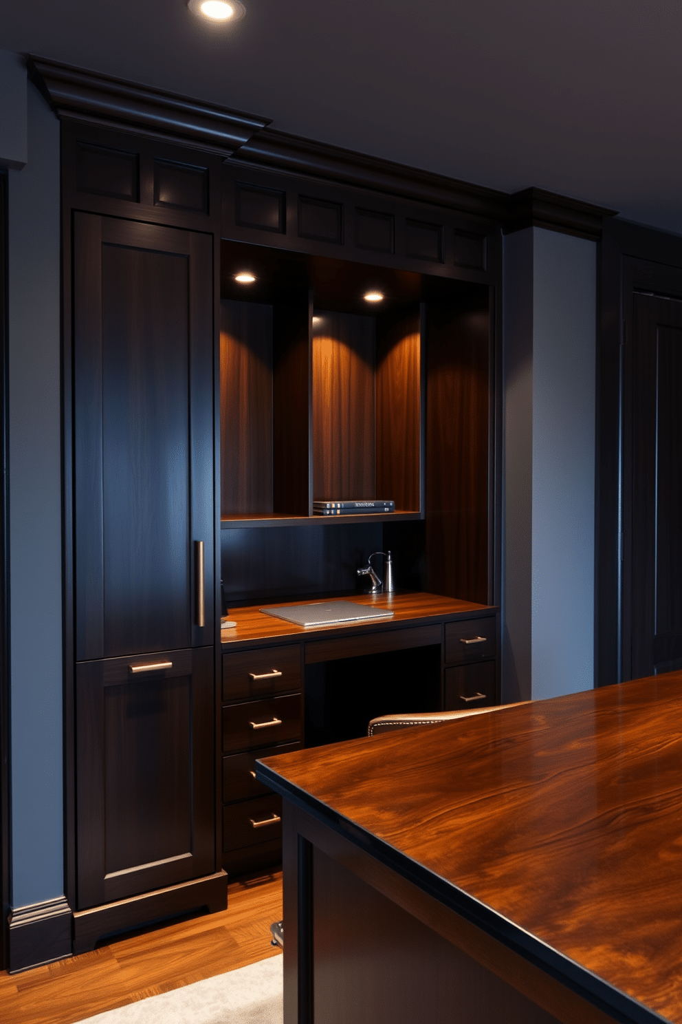 A dark study room featuring a built-in desk with sleek lines and hidden storage compartments. The desk is made of rich mahogany, complemented by a comfortable leather chair and soft ambient lighting that creates an inviting atmosphere.