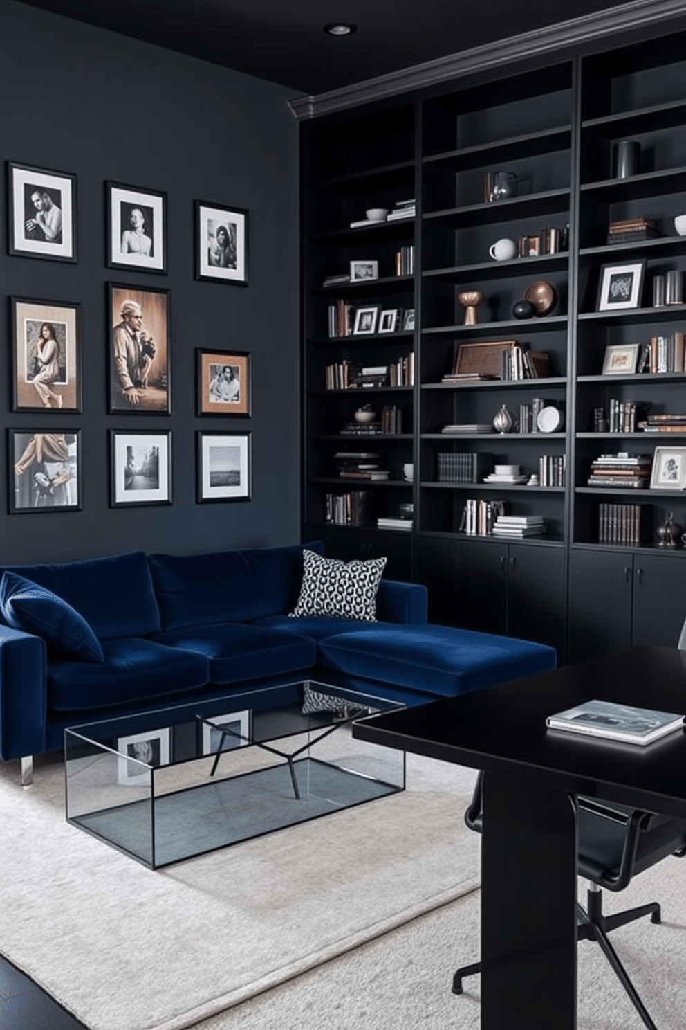 Sleek modern furniture in deep colors creates an inviting atmosphere in a dark study room. A large, plush sofa in a rich navy blue is paired with a glass coffee table, while a sleek black desk with a minimalist design sits against the wall. The walls are painted a deep charcoal gray, accentuating the bold furniture choices. Floor-to-ceiling bookshelves filled with dark wood frames and decorative items add character and warmth to the space.