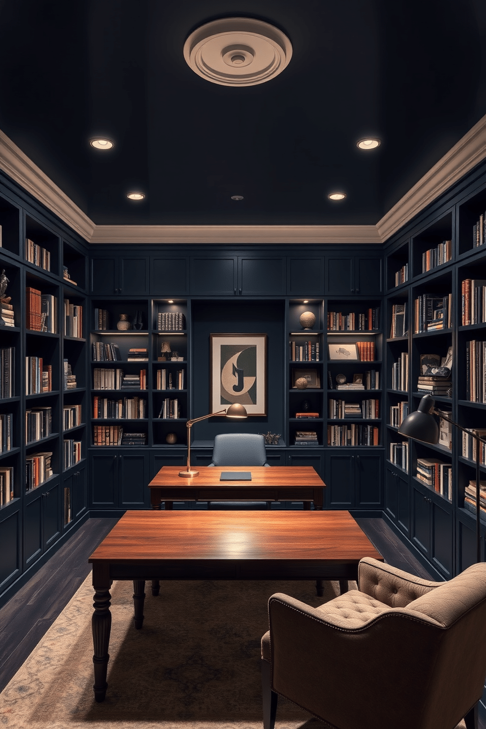 A dark study room with layered lighting that combines both task and ambient options. The walls are painted a deep navy blue, and a large wooden desk sits in the center, illuminated by a sleek desk lamp and soft overhead lights. Bookshelves line the walls, filled with an array of books and decorative items, creating a cozy yet sophisticated atmosphere. A plush armchair in the corner invites relaxation, while a stylish floor lamp provides additional reading light.