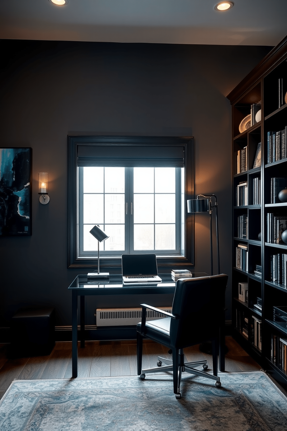 A dark-themed study room featuring a rich, charcoal gray accent wall adorned with abstract artwork in deep blues and blacks. A sleek black desk with a glass top sits in front of a large window, complemented by a plush, dark leather chair. The room is illuminated by warm, ambient lighting from stylish sconces and a modern floor lamp. A dark wood bookshelf filled with books and decorative objects lines one wall, adding character and depth to the space.