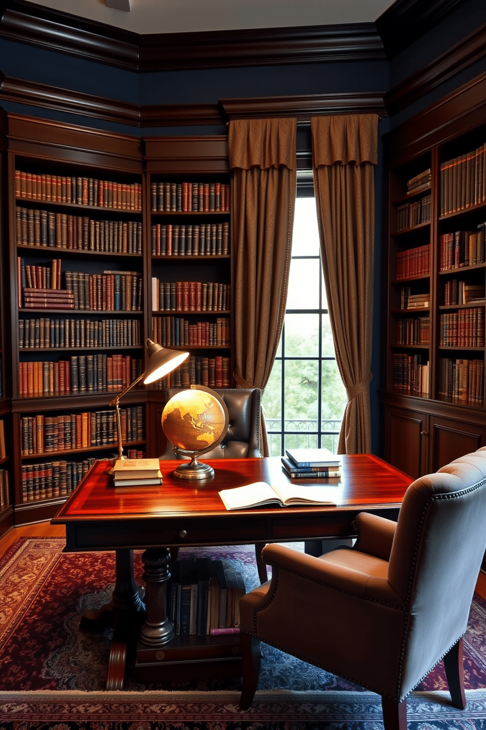 A dark study room exuding a scholarly atmosphere, featuring rich mahogany bookshelves filled with classic literature. A vintage globe sits prominently on a polished wooden desk, surrounded by antique leather-bound books and a brass desk lamp casting a warm glow. The walls are adorned with deep navy paint, complemented by dark wood trim and plush, textured curtains. A comfortable, tufted armchair invites you to sit and immerse yourself in the world of knowledge, while a Persian rug adds a touch of elegance to the hardwood floor.