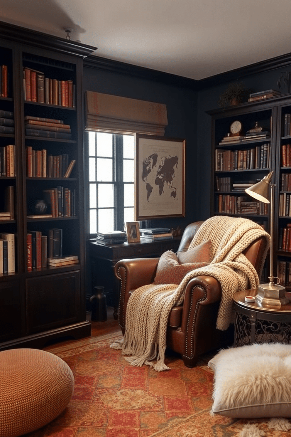 A dark study room filled with rich, textured throws and plush pillows to enhance comfort. The walls are painted in a deep charcoal hue, complemented by dark wood bookshelves lined with books and decorative items. A large, inviting leather armchair sits in the corner, draped with a cozy knit throw. Soft, ambient lighting from a vintage desk lamp illuminates the space, creating a warm and inviting atmosphere.