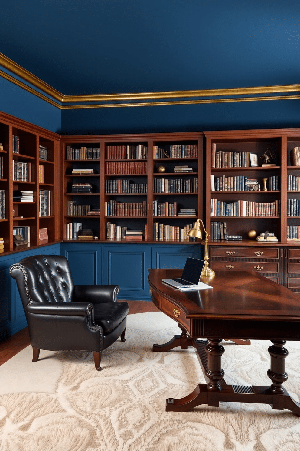 A deep blue study room features elegant gold trim along the edges, creating a luxurious contrast. Rich wooden bookshelves line the walls, filled with an array of books and decorative items, while a plush, dark leather armchair sits invitingly in the corner. A large, antique wooden desk occupies the center of the room, adorned with a vintage brass lamp and a sleek laptop. The floor is covered with a soft, cream-colored rug that adds warmth and comfort to the sophisticated space.