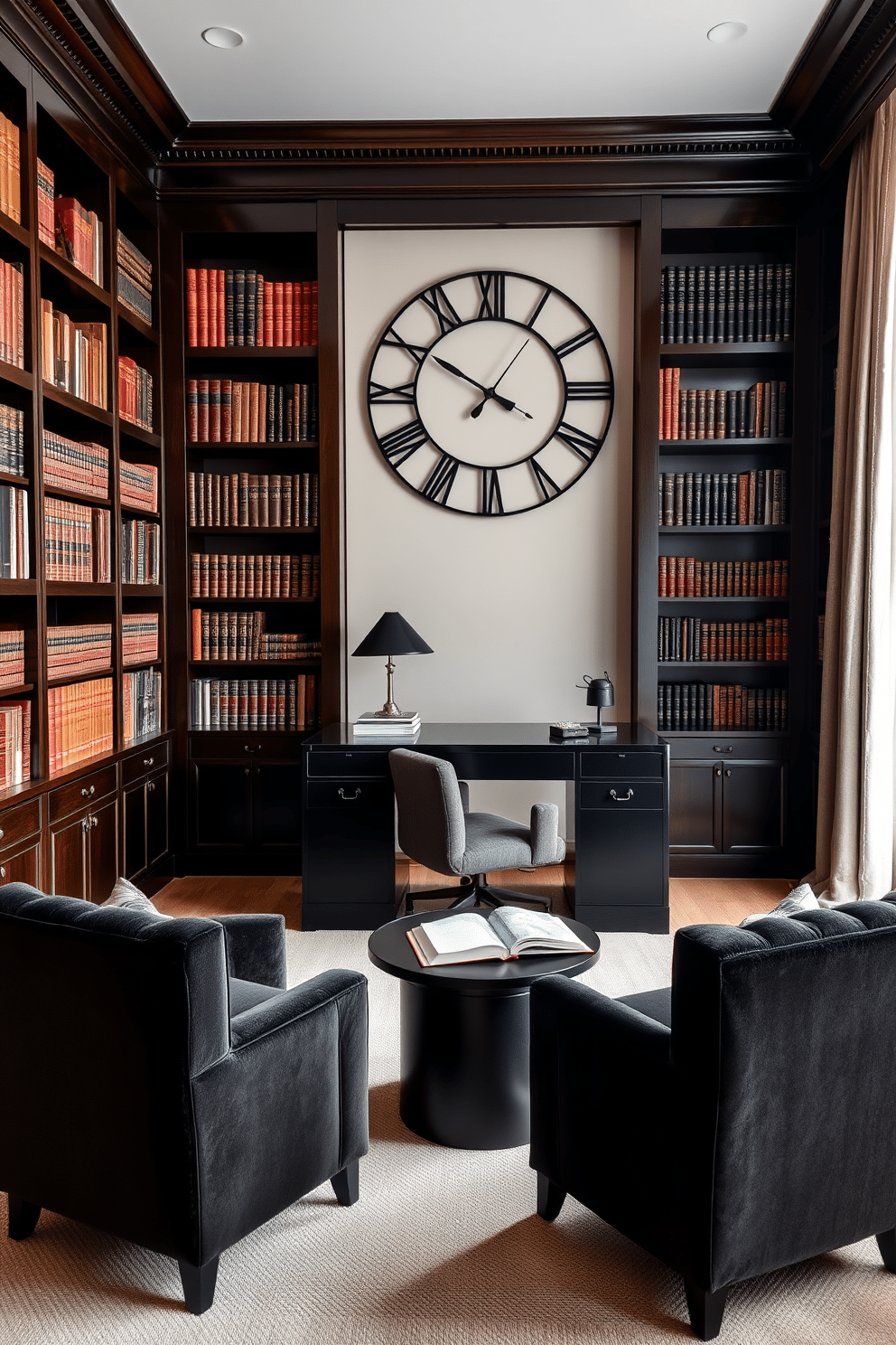 A bold statement clock in black takes center stage on the wall, contrasting beautifully with the deep, rich tones of the room. The study features dark wood bookshelves lined with leather-bound volumes, creating an inviting yet sophisticated atmosphere. A sleek black desk sits in front of a large window, allowing natural light to filter through sheer curtains. Plush, dark velvet chairs are positioned around a small reading table, adding comfort and elegance to the space.