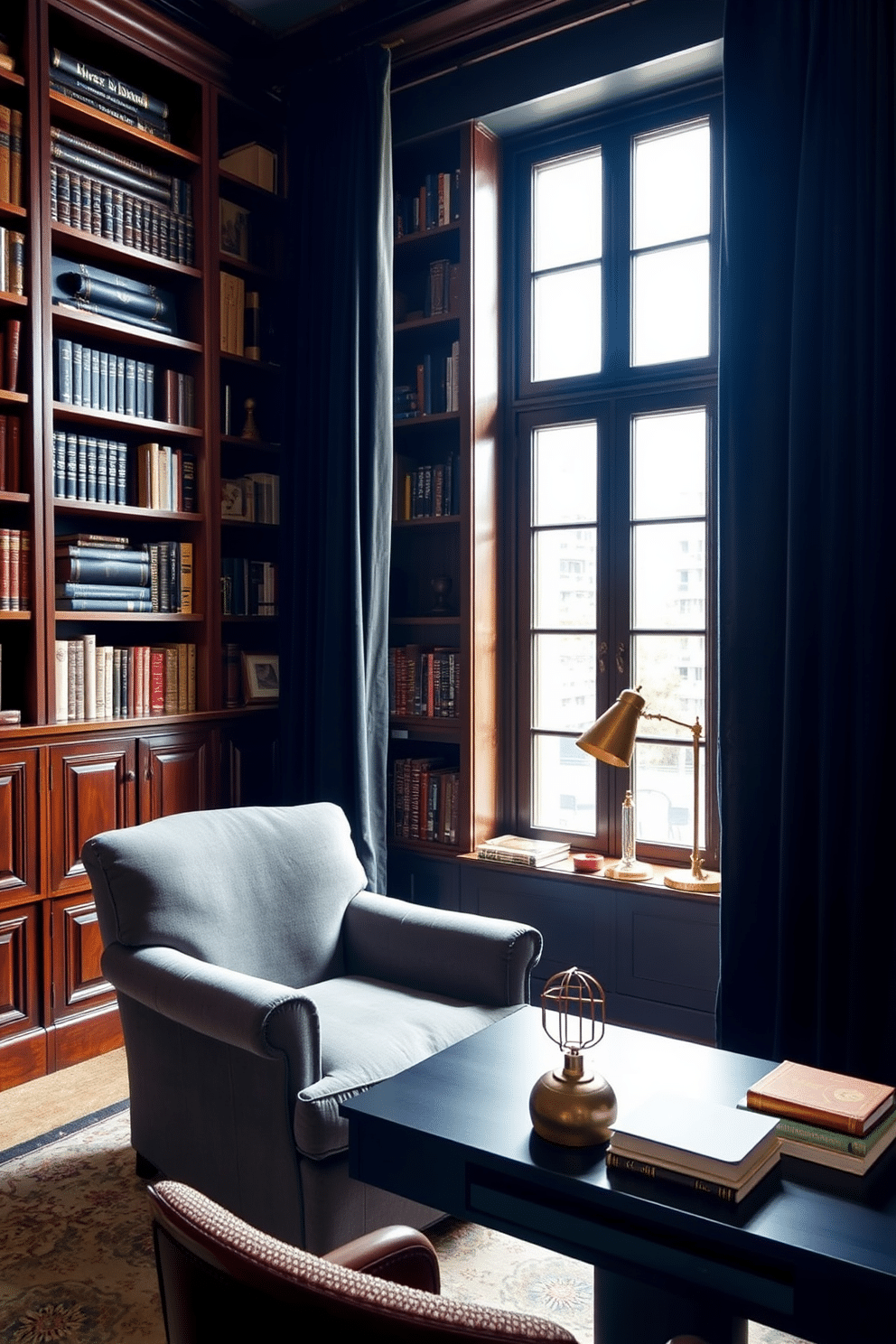 A dark study room featuring rich mahogany bookshelves that reach the ceiling, filled with an array of books and decorative artifacts. The walls are painted a deep navy blue, and a plush, oversized armchair in a muted gray sits in the corner, inviting relaxation and contemplation. In front of the armchair, a sleek black desk with gold hardware holds a vintage brass desk lamp and a collection of stylish stationery. Black velvet curtains frame the large window, adding a dramatic flair while allowing soft, diffused light to illuminate the space.