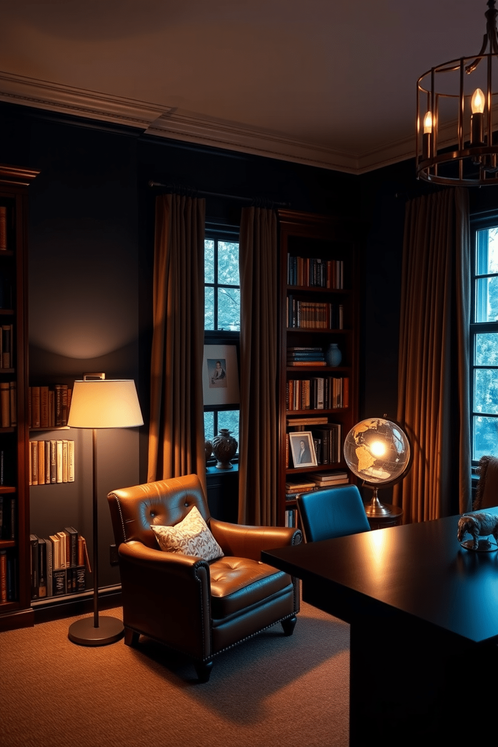 A dark study room with mood lighting featuring adjustable dimmers creates an inviting and cozy atmosphere. Rich mahogany bookshelves line the walls, filled with an array of books, while a plush leather armchair sits in the corner, bathed in soft, warm light from a stylish floor lamp. The walls are painted in a deep navy blue, complemented by a sleek, modern desk made of dark wood. A large window with heavy drapes allows for control over natural light, while decorative accents like a vintage globe and framed art pieces add character to the space.