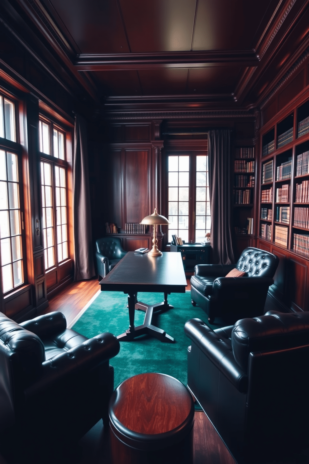 A dark study room featuring plush dark leather chairs that provide both comfort and style. The walls are adorned with rich mahogany wood paneling, and a large bookshelf filled with leather-bound books lines one side of the room. A sleek, dark wood desk sits in the center, complemented by a vintage brass desk lamp casting a warm glow. A deep green area rug adds a touch of color, while large windows are dressed with heavy drapes that frame the view outside.