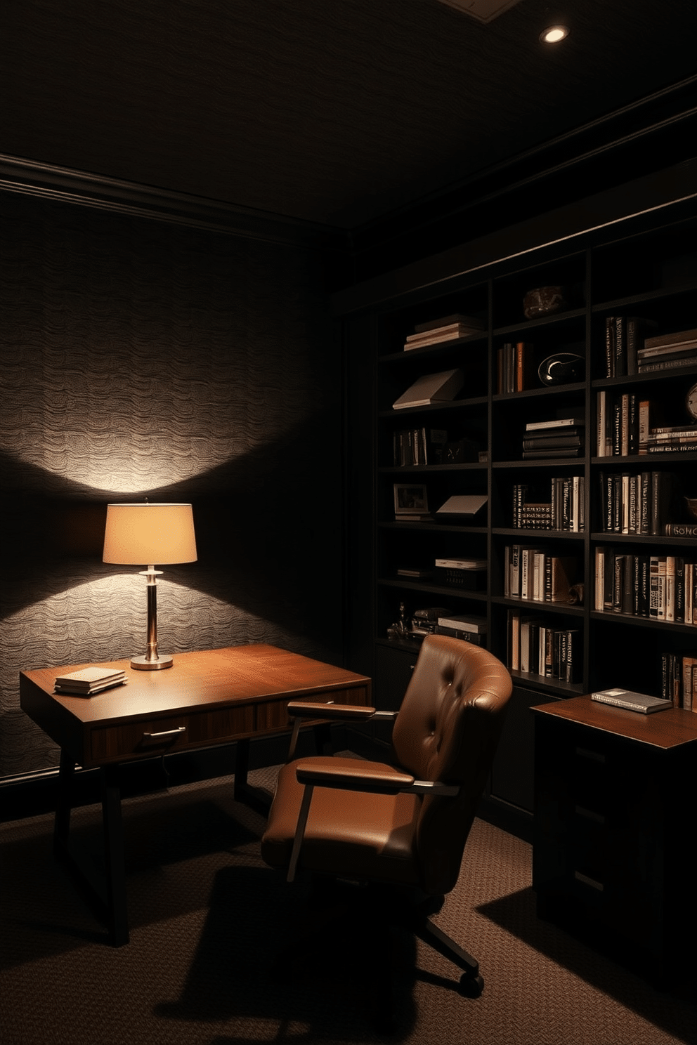 A dark study room featuring textured wallpaper that adds depth and sophistication to the space. The walls are adorned with a rich, dark-hued wallpaper, while a sleek wooden desk sits against one wall, complemented by a comfortable leather chair. A large bookshelf filled with books and decorative items lines the opposite wall, creating an inviting atmosphere. Soft, ambient lighting from a stylish desk lamp casts a warm glow, enhancing the cozy and elegant feel of the room.