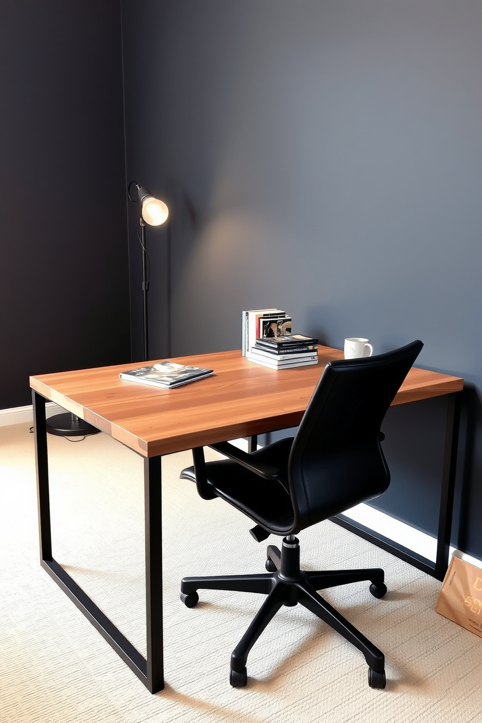 An industrial-style desk with sleek metal finishes sits in the center of a dark study room. The desk features a raw wood top and black steel legs, complemented by an ergonomic black leather chair that enhances the modern aesthetic. The walls are painted a deep charcoal gray, creating a cozy yet sophisticated atmosphere. A vintage-style floor lamp with an exposed bulb illuminates the space, casting warm light over a collection of books and decorative items on the desk.