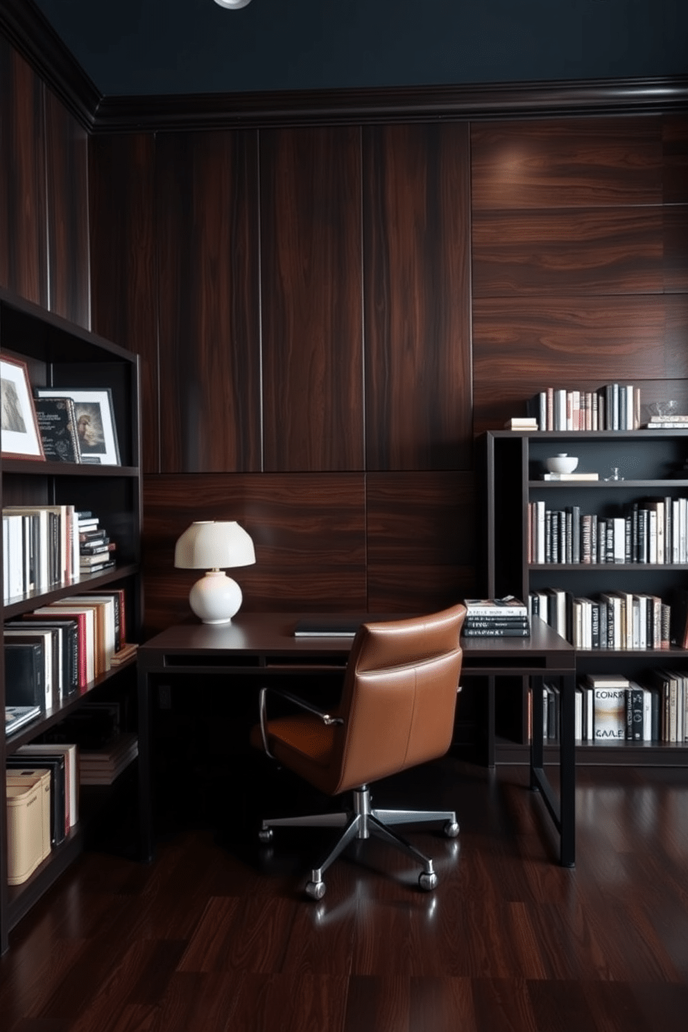 A dark study room with an accent wall featuring rich, dark wood paneling that adds warmth and sophistication. The room is furnished with a sleek, modern desk and a comfortable leather chair, complemented by a stylish bookshelf filled with books and decorative items.