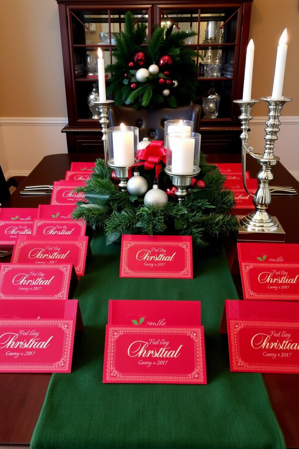 Festive place cards for each guest. Each card is elegantly designed with gold lettering on a deep red background, adorned with a small holly leaf accent. Dining Room Christmas Decorating Ideas. The table is set with a lush green table runner, complemented by sparkling silver candle holders and a centerpiece of seasonal greenery and ornaments.