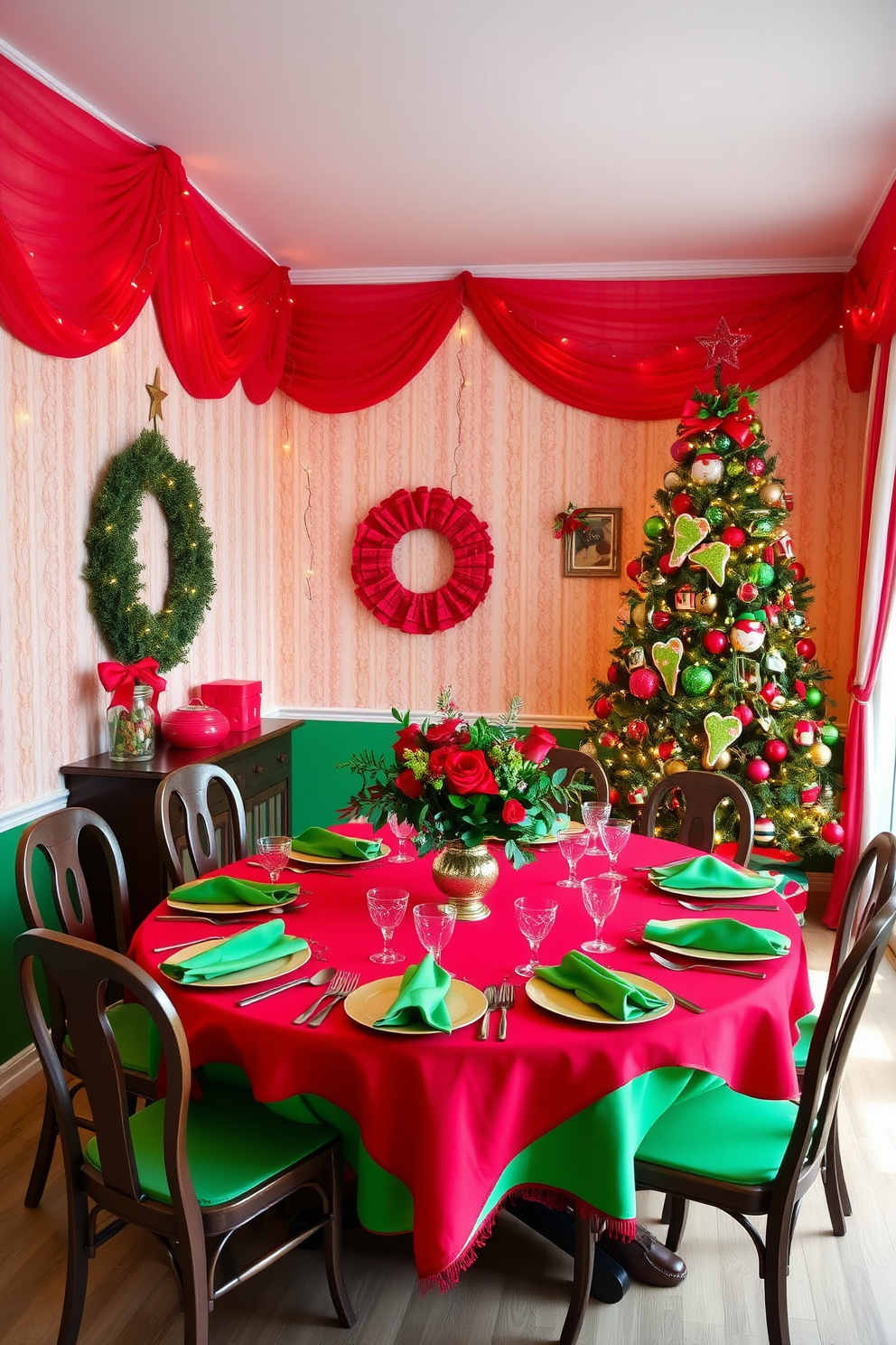 A festive dining room adorned with a bright red and green color scheme. The table is set with a vibrant red tablecloth, complemented by green napkins and matching dinnerware, while a centerpiece of fresh red and green flowers adds a cheerful touch. String lights in red and green are draped across the walls, creating a warm and inviting ambiance. A beautifully decorated Christmas tree stands in the corner, adorned with ornaments that reflect the room's color palette, enhancing the holiday spirit.