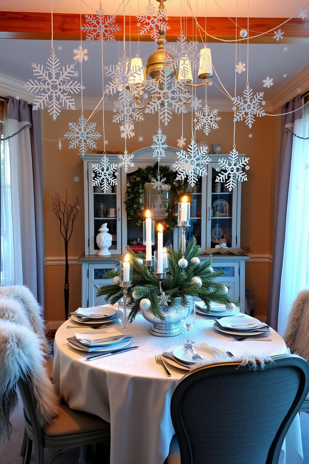 A cozy dining room adorned with snowflake decorations for a winter theme. The table is elegantly set with a white tablecloth, featuring silver and blue accents, and surrounded by chairs draped with faux fur throws. Delicate snowflake ornaments hang from the ceiling, creating a whimsical atmosphere. A centerpiece of pine branches, adorned with shimmering snowflakes and candles, adds warmth and charm to the festive setting.