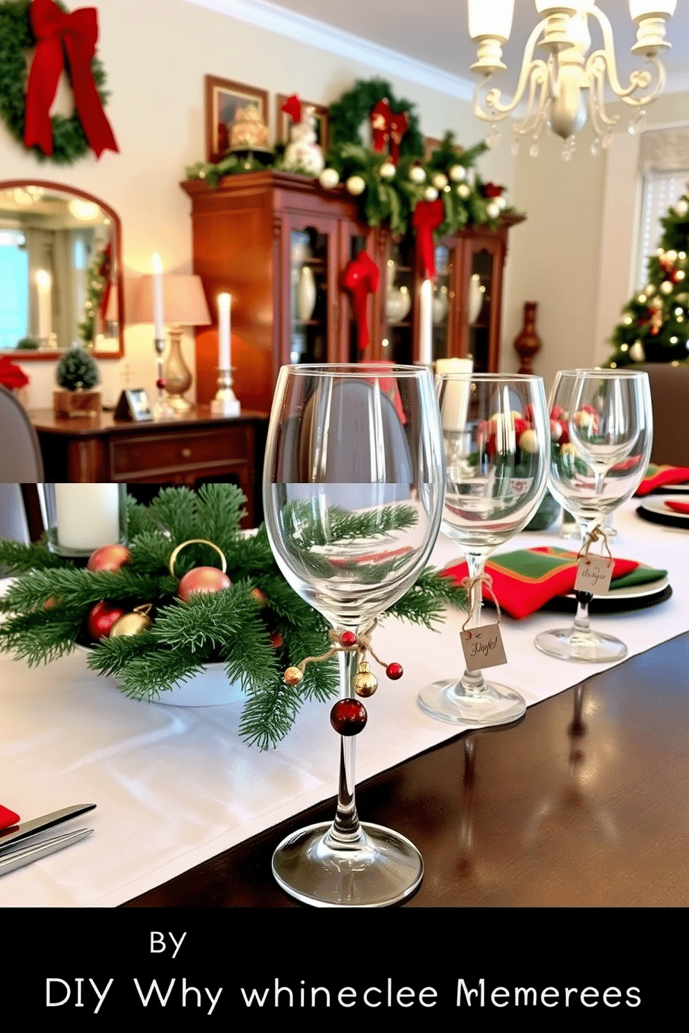 A festive dining room adorned for Christmas, featuring a beautifully set table with a red and green color scheme. Elegant wine glass charms, crafted from colorful beads and twine, hang from each glass, adding a personal touch for guests. A cozy dining space decorated for the holiday season, with a centerpiece of pine branches, candles, and seasonal ornaments. The table is draped in a white tablecloth, and each place setting includes charming DIY wine glass markers that reflect the festive spirit.