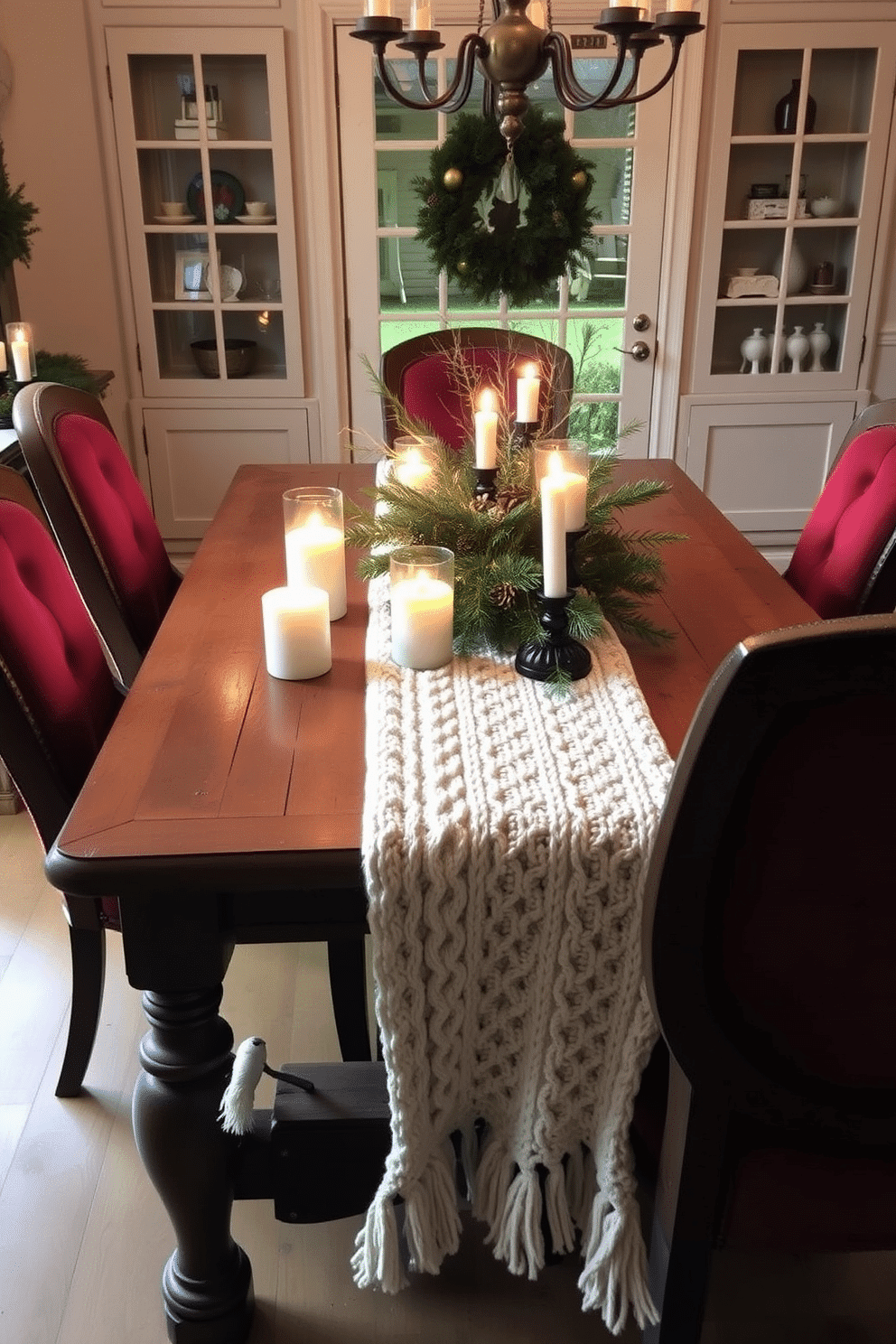 A cozy dining room adorned for Christmas features a soft knit table runner draped across a rustic wooden table. Flickering candles of varying heights are strategically placed along the runner, casting a warm glow and creating an inviting atmosphere. Surrounding the table, elegant dining chairs are upholstered in rich, festive colors, complementing the holiday theme. A centerpiece of evergreen branches and pinecones adds a touch of nature, enhancing the cozy, seasonal decor.