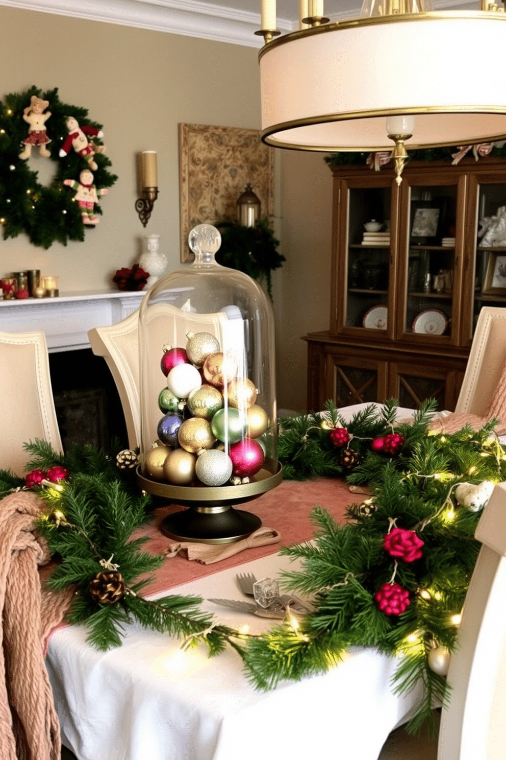 A festive dining room adorned for Christmas features a glass cloche filled with an assortment of colorful ornaments, creating a striking centerpiece on the table. Surrounding the table, elegant chairs are draped with soft, textured throws, and a warm glow emanates from string lights woven through the greenery that adorns the table edges.