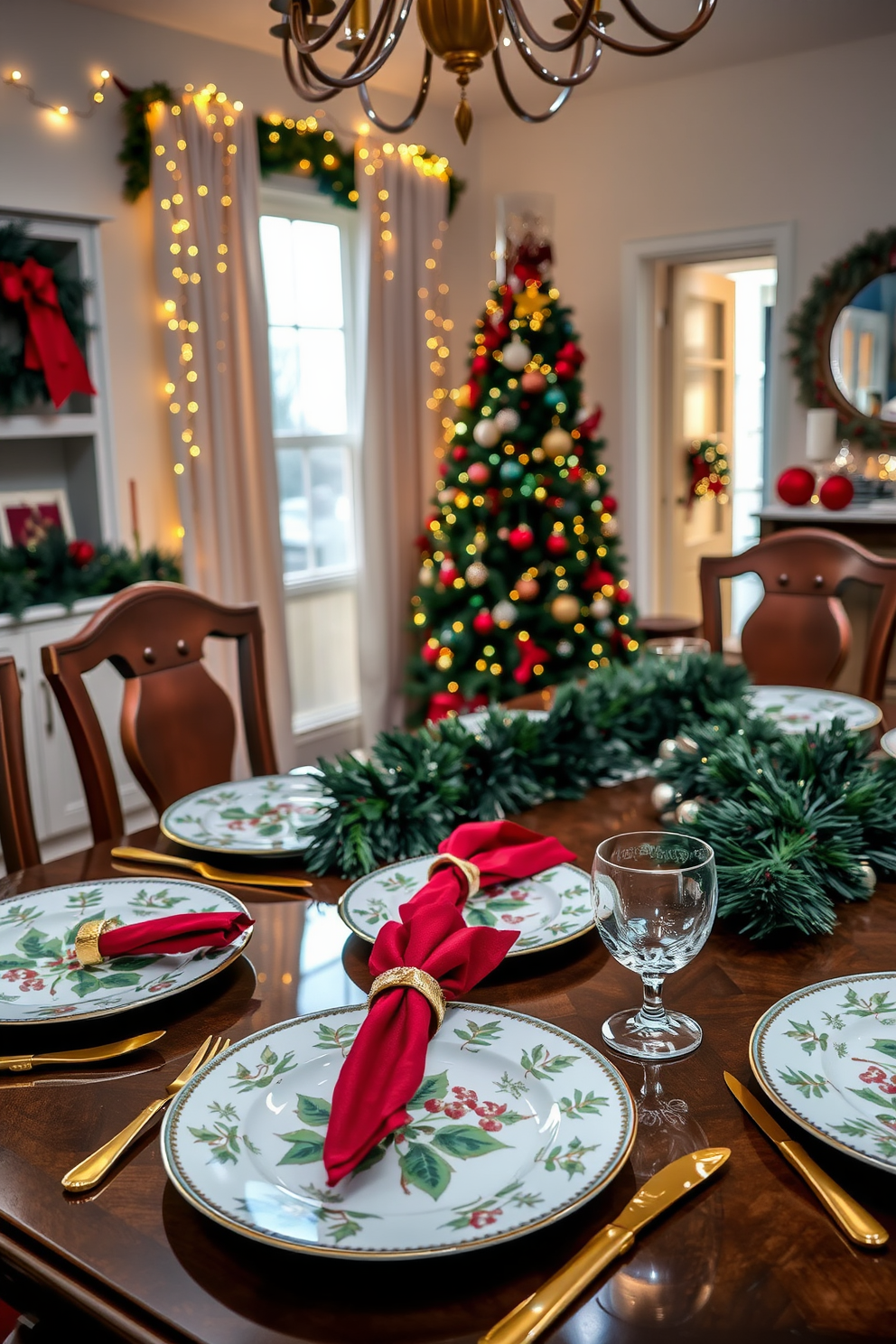 A festive dining table is elegantly set with Christmas-themed dinnerware, featuring intricate designs of holly and snowflakes. The plates are complemented by shimmering gold cutlery and red napkins, creating a warm and inviting atmosphere for holiday gatherings. The dining room is adorned with seasonal decorations, including a lush garland draped along the table and twinkling fairy lights strung above. A beautifully decorated Christmas tree stands in the corner, completing the cheerful ambiance of the space.