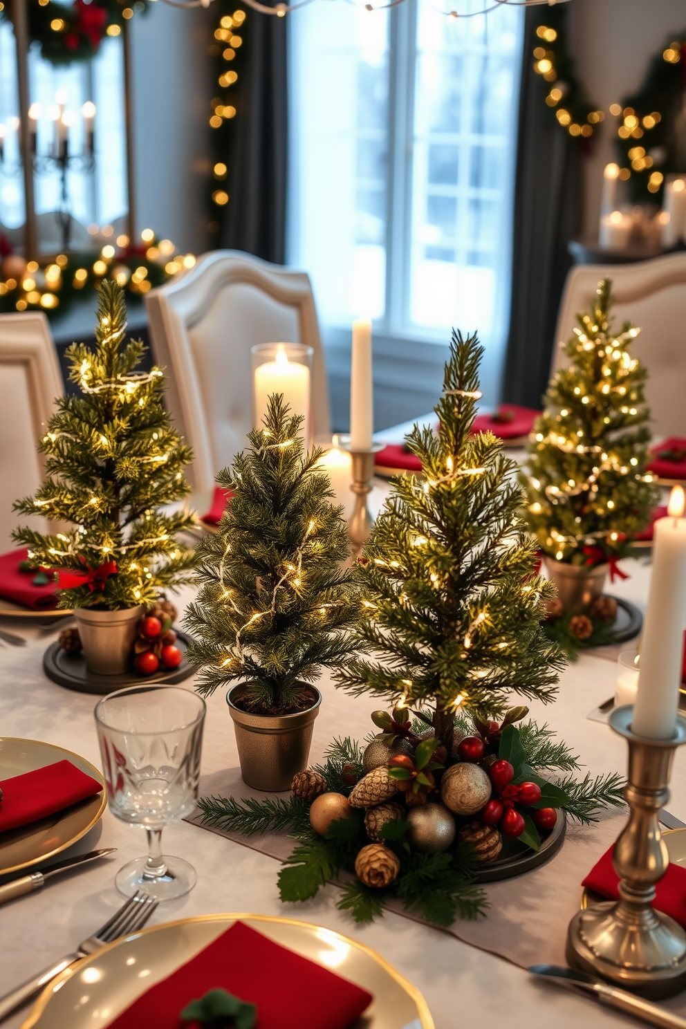 Mini Christmas trees adorn the dining table, each one wrapped in twinkling fairy lights and nestled in festive, decorative pots. Surrounding the trees are elegant place settings featuring red and gold accents, complemented by seasonal centerpieces of pinecones and holly. The dining room is transformed into a winter wonderland with garlands draped along the table and chairs, creating a cozy and inviting atmosphere. Soft candlelight flickers from stylish holders, enhancing the warmth of the space and inviting guests to gather for holiday celebrations.