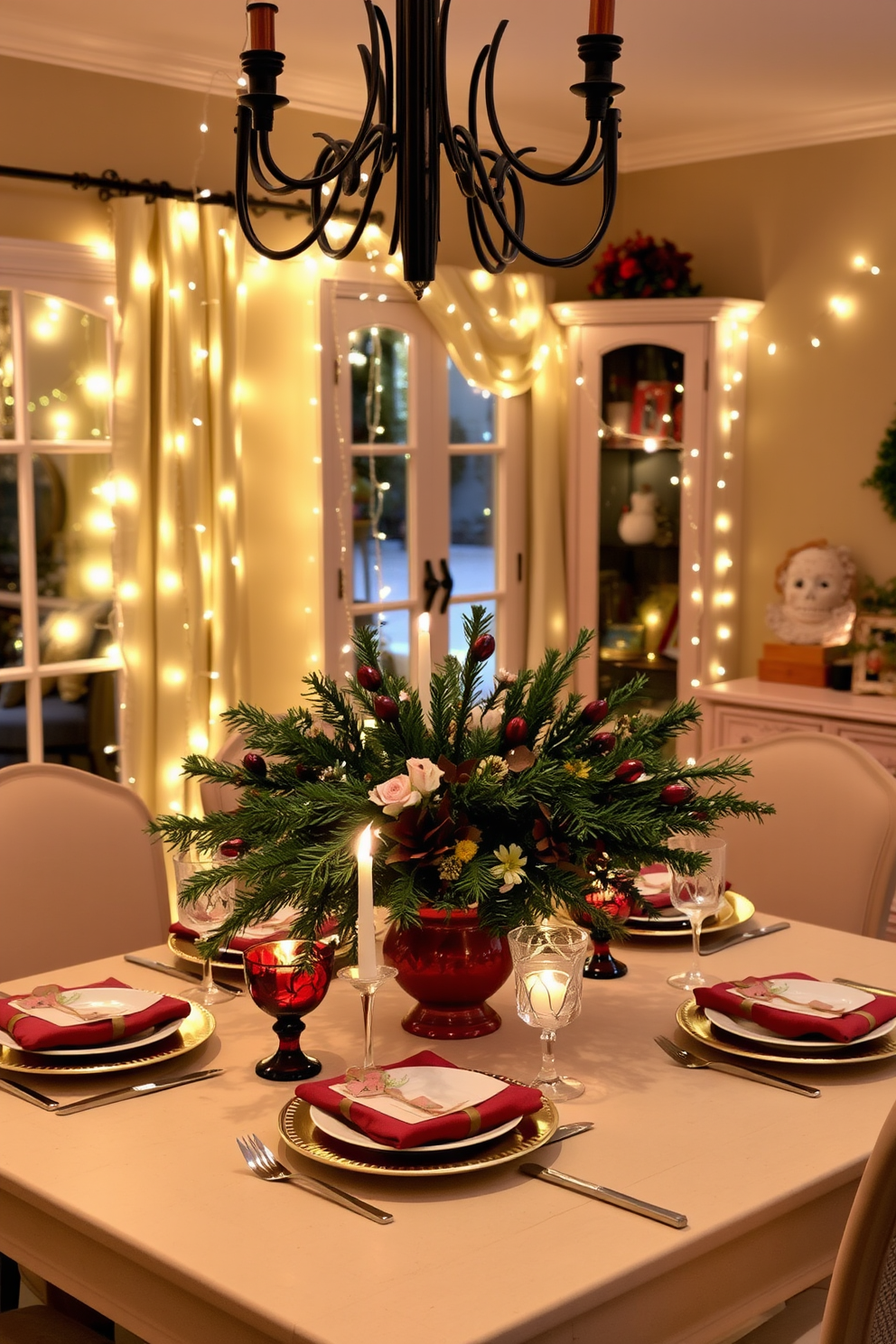 A cozy dining room adorned with sparkling fairy lights draped elegantly around a beautifully set table. The table is decorated with festive red and gold accents, complemented by a lush centerpiece of evergreen branches and seasonal flowers.