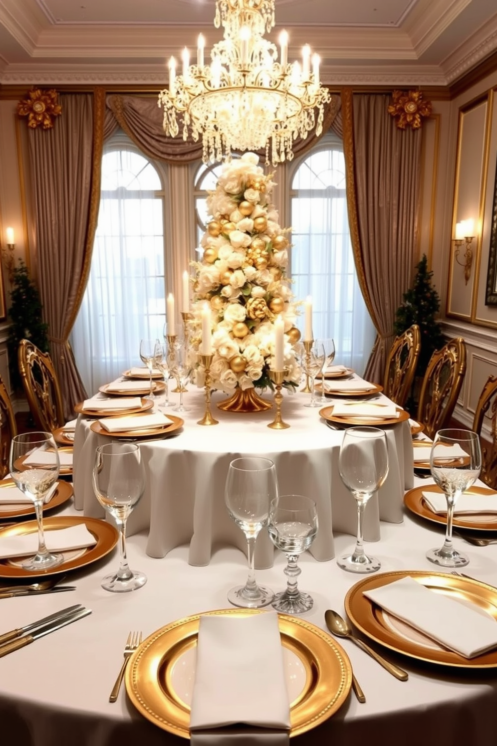 A luxurious dining room adorned with elegant gold and white table settings. The table is draped with a crisp white tablecloth, and gold-rimmed plates are arranged perfectly at each place setting. Crystal wine glasses sparkle beside each plate, reflecting the warm glow of candlelight. A stunning centerpiece of white flowers and golden accents draws the eye, enhancing the festive atmosphere of Christmas decorating ideas.