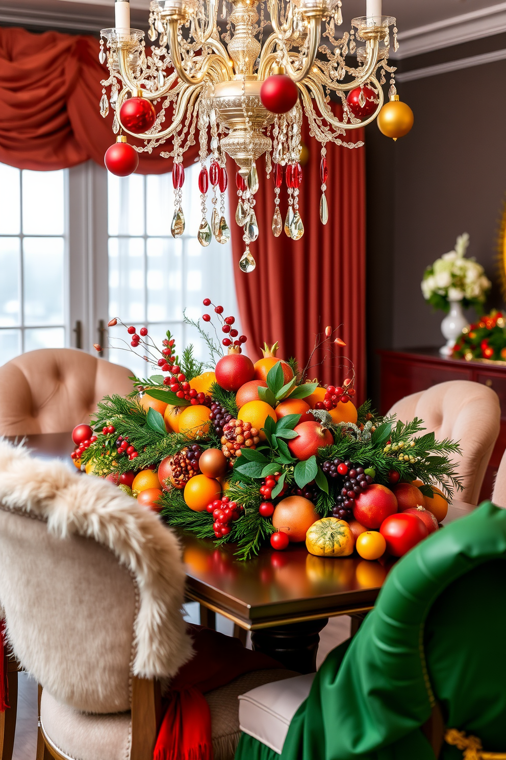 A vibrant dining table adorned with a fresh fruit arrangement that features an assortment of colorful seasonal fruits, including oranges, pomegranates, and cranberries. The arrangement is beautifully complemented by festive greenery and touches of gold accents, creating a warm holiday atmosphere. Surrounding the table, elegant dining chairs are draped with soft, textured throws in rich red and green hues. Above, a stunning chandelier is adorned with twinkling fairy lights and festive ornaments, casting a magical glow over the festive setting.