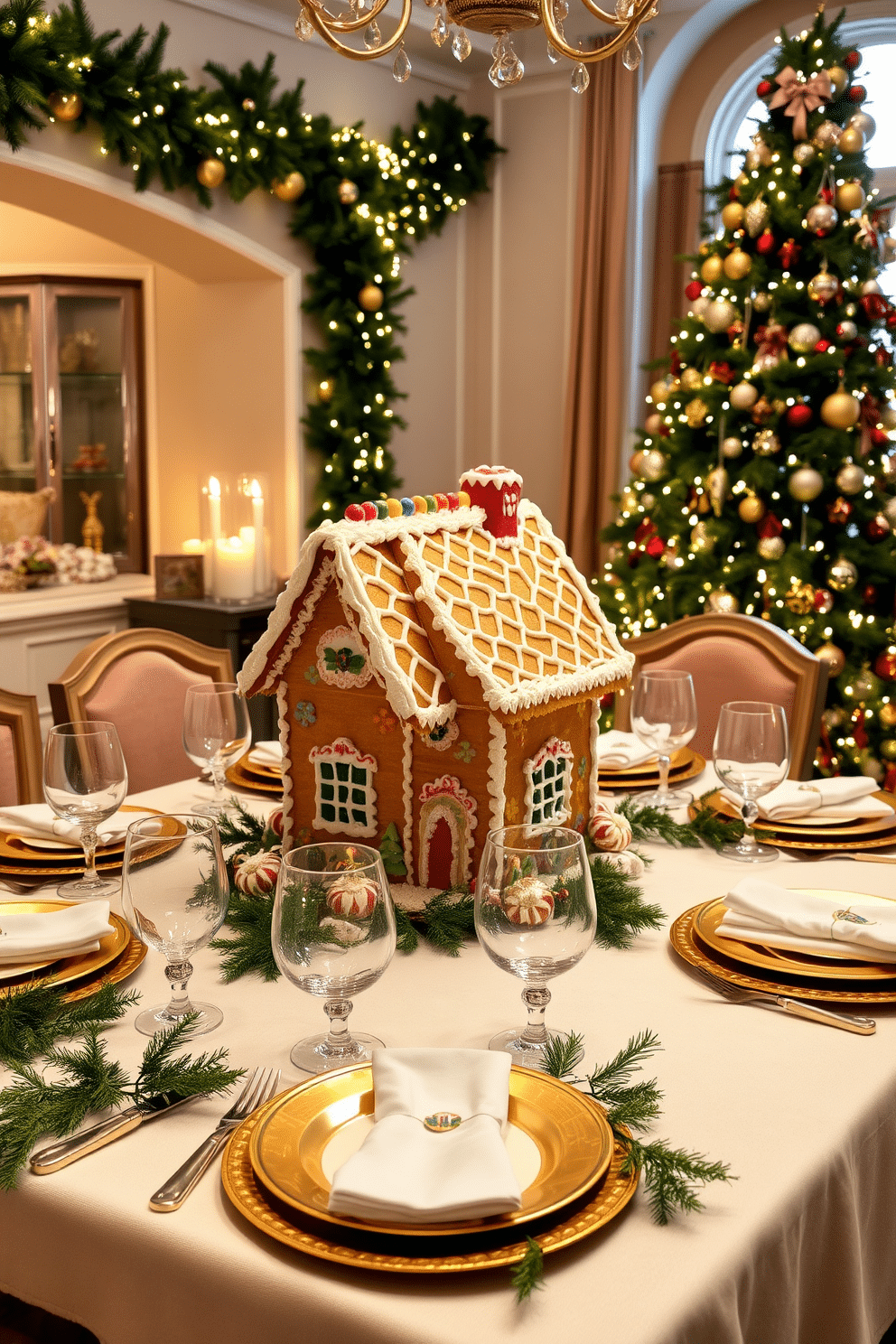 A whimsical gingerbread house centerpiece sits on the dining table, adorned with colorful candies and icing details that create a festive atmosphere. Surrounding the centerpiece, elegant table settings feature gold-rimmed plates, sparkling glassware, and lush greenery interspersed with twinkling fairy lights. For Christmas decorating ideas in the dining room, the walls are draped with garlands of pine and twinkling lights, creating a warm and inviting ambiance. A large, beautifully decorated Christmas tree stands in the corner, its ornaments reflecting the soft glow of candlelight from the table.