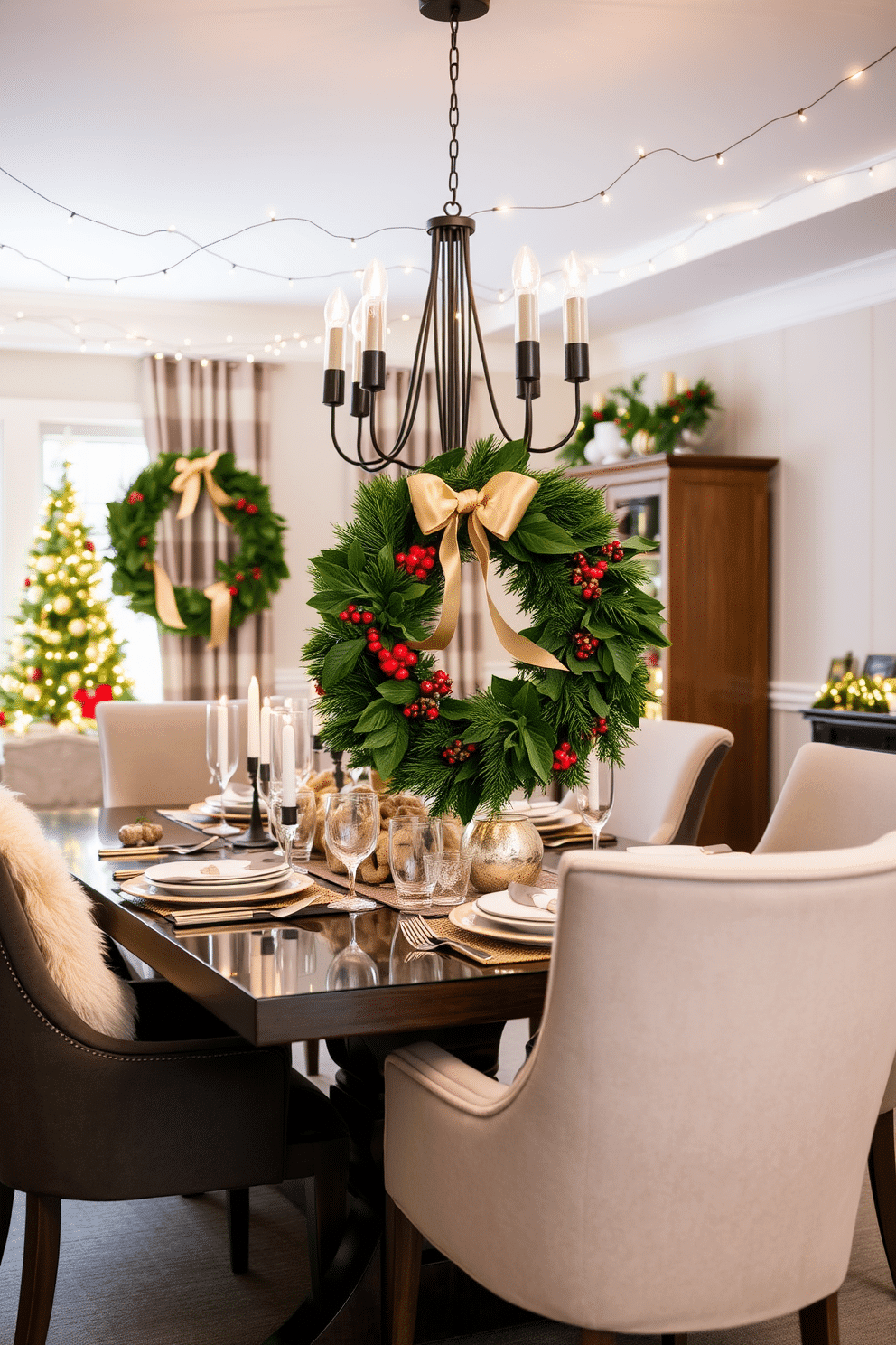 A stunning dining room adorned for the holiday season features a seasonal wreath as a table centerpiece. The wreath is lush and vibrant, decorated with red berries, pinecones, and a satin ribbon, perfectly complementing the elegant table setting. Surrounding the table, stylish dining chairs are draped with soft, textured throws in festive colors. Twinkling fairy lights are strung across the ceiling, adding a warm glow to the inviting atmosphere.