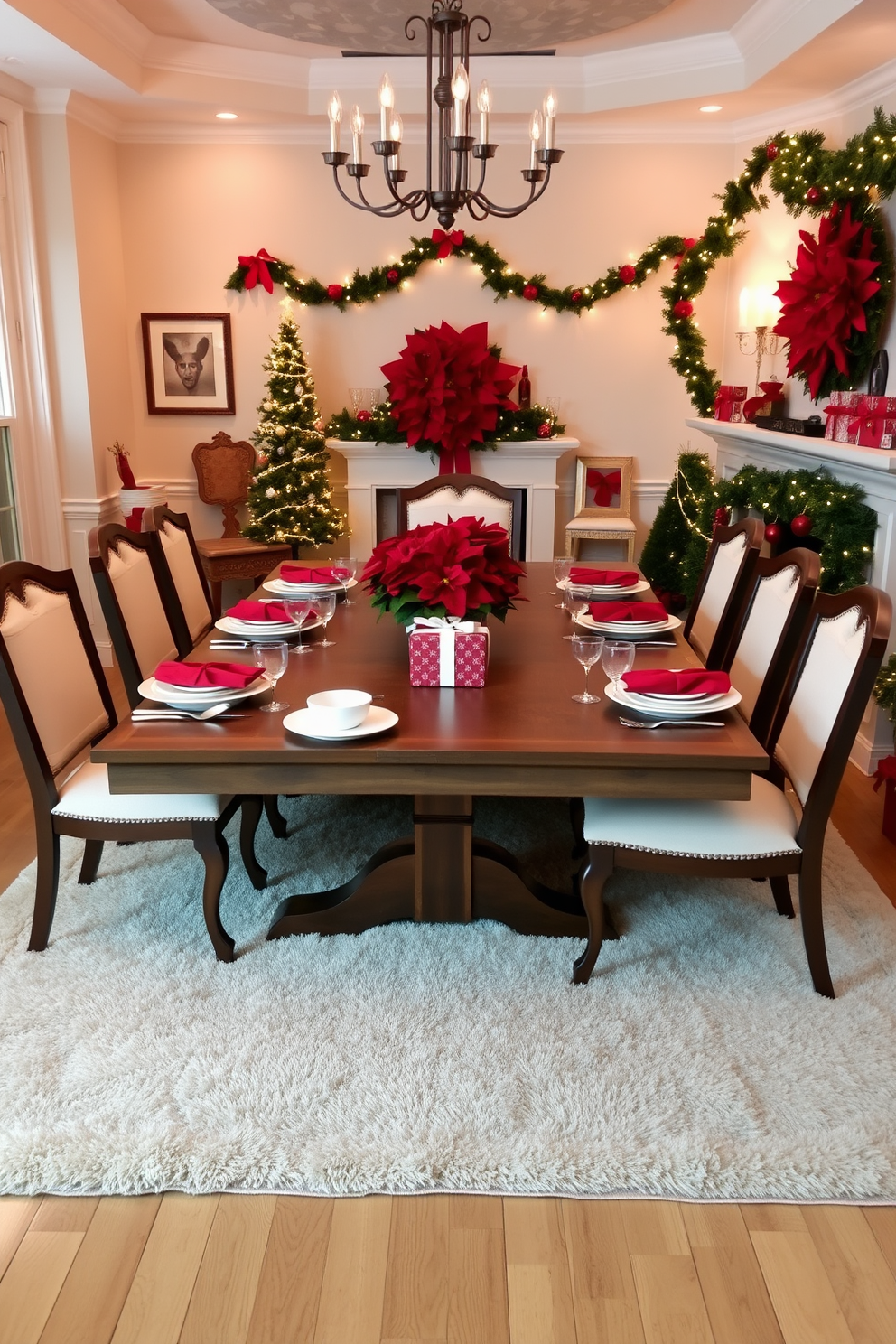 A cozy dining room adorned for Christmas, featuring a large wooden table set with elegant white dinnerware and vibrant red napkins. Soft, neutral tones dominate the space, with a plush beige rug underfoot and warm lighting illuminating the room, creating an inviting atmosphere. The walls are decorated with festive garlands and red accents, including a striking centerpiece of red poinsettias. A beautifully wrapped gift sits at each place setting, adding a touch of holiday cheer to the elegant decor.