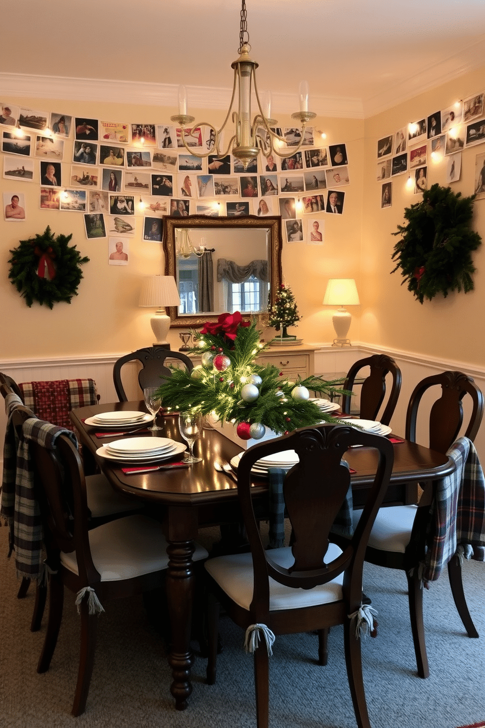 A charming dining room adorned with vintage holiday postcards strung across the walls, creating a nostalgic and festive atmosphere. The table is set with elegant dinnerware, featuring a centerpiece of evergreen branches and twinkling fairy lights interspersed with colorful ornaments. The walls are painted a warm cream color, enhancing the cozy feel of the space. A collection of antique wooden chairs surrounds the table, each draped with a soft, plaid throw to invite guests to sit and enjoy the holiday meal.