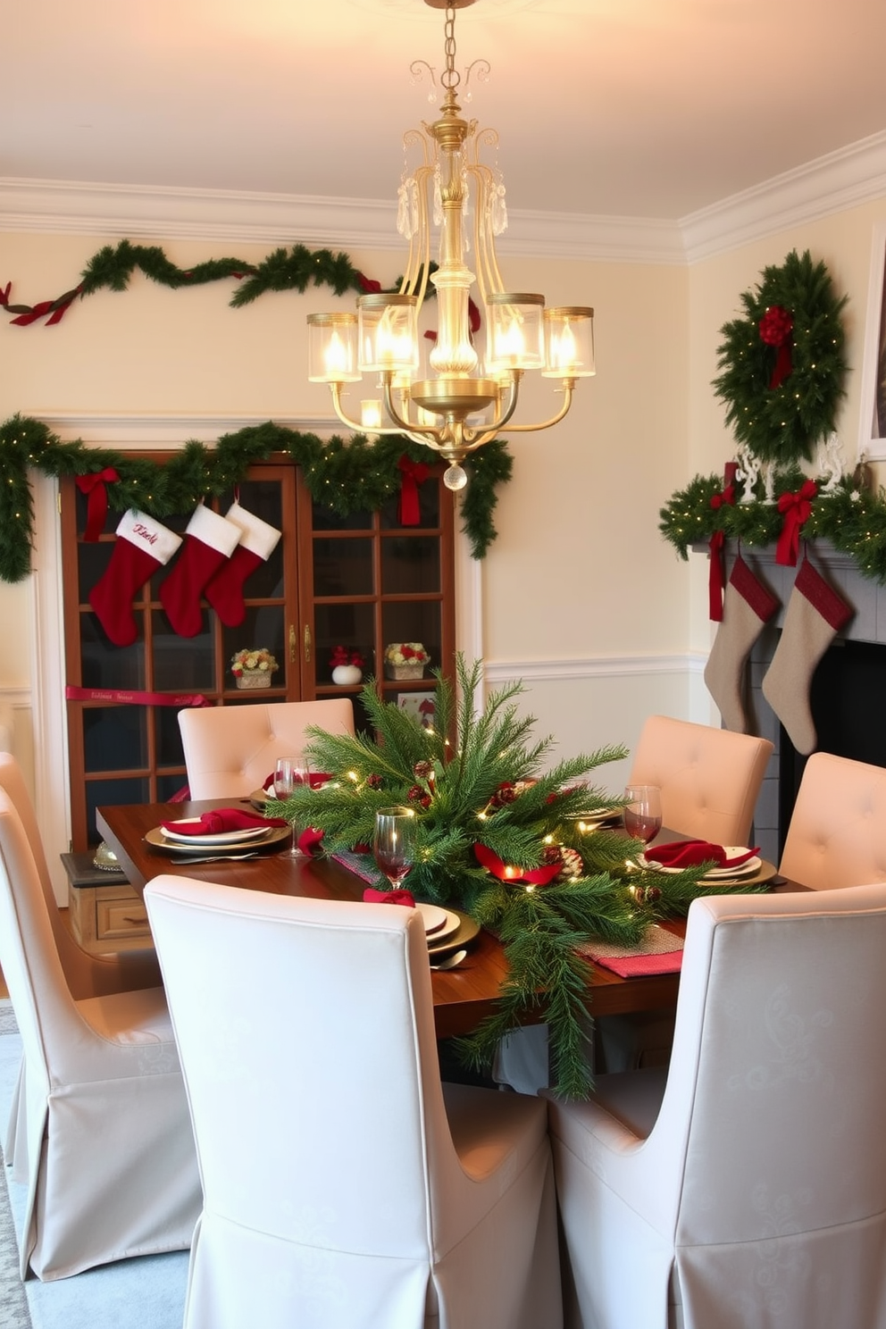 A cozy dining room adorned with a warm, inviting color palette that features rich reds, deep greens, and soft gold accents. A beautifully set dining table is surrounded by plush upholstered chairs, with a festive centerpiece of evergreen branches, pinecones, and twinkling fairy lights. The walls are painted in a soft cream, creating a bright and airy atmosphere, while a statement chandelier adds elegance overhead. Stockings hang from a nearby mantel, and festive garlands drape across the table, enhancing the holiday spirit.